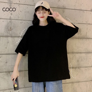 Coco~เสื้อยืดผู้หญิง เสื้อยืดแขนสั้นสีดำบวกขนาด สไตล์เกาหลีหลวมพอดีกับเสื้อแขนสั้น