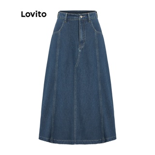สินค้า Lovito กระโปรงเดนิมลำลอง สีพื้น มีกระเป๋า สำหรับสตรี L37AD066 (สีน้ำเงิน)