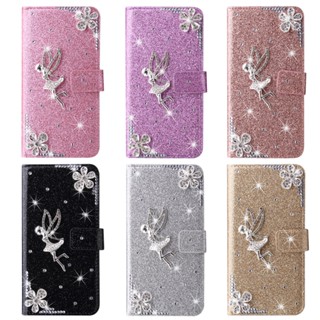เคสโทรศัพท์มือถือหนัง PU แบบฝาพับ ลายนางฟ้า ประดับเพชร พร้อมช่องใส่บัตร สําหรับ iPhone 11 Pro MAX X XR XS MAX