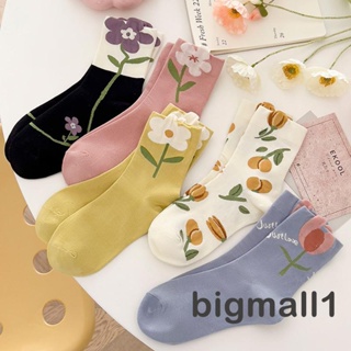 Bigmall- ถุงเท้าข้อกลาง ลายดอกไม้ 3D น่ารัก ไซซ์เดียว แฟชั่นฤดูใบไม้ร่วง ฤดูหนาว สําหรับผู้หญิง