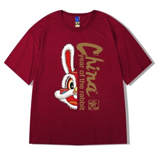 เสื้อยืดสีขาวS-7XL 2023 Chinese New Year Rabbit Year Red d Cotton Men T Shirt Youth Short Sleeved Ulzzang  Tshirt Plus S