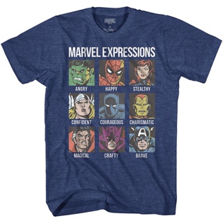 100%cotton เสื้อยืดคอวีผู้ชาย Avengers Expression Moods Spider-Man Hulk Thor Iron Man Black Panther Strange America_07