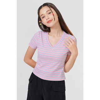 ESP เสื้อนิตลายริ้ว ผู้หญิง สีชมพู | Stripe Knit Top | 5476