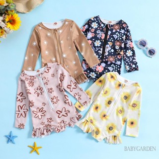 Babygarden-1-5 ปี ชุดว่ายน้ําวันพีช แขนยาว พิมพ์ลายดอกทานตะวัน มีซิป สําหรับเด็กผู้หญิง