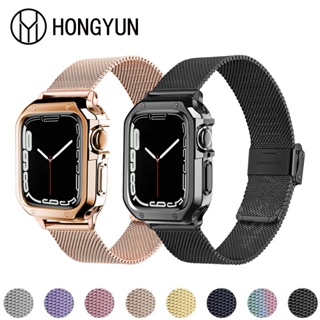 สําหรับ iwatch band + case iwatch series 7 6 5 4 se 45 มม. 41 มม. 44 มม. 40 มม. 42 มม. 38 มม. ห่วงตาข่าย สเตนเลส สายรัด TPU สีฟ้า