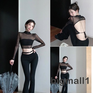 Bigmall- เสื้อครอปท็อปแขนยาว ผ้าตาข่ายซีทรู เปิดหลัง สีพื้น แฟชั่นสําหรับผู้หญิง