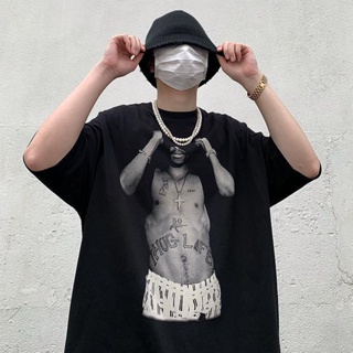 เสื้อยืดอินเทรนด์ผู้ชายอินเทรนด์ผู้หญิงTuxinhe เสื้อยืดแขนสั้น พิมพ์ลาย Tupac Rap Star 2pac สไตล์ฮิปฮอป สตรีท โอเวอ_03