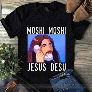 เสื้อยืด พิมพ์ลาย Moshi Moshi Jesus Desu Meme สีดํา สําหรับผู้ชาย