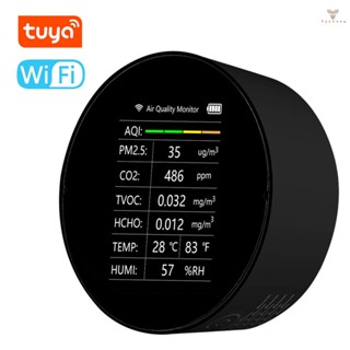 Fw Tuya เครื่องตรวจจับคุณภาพอากาศ WiFi 7 In 1 PM2.5 TVOC CO2 HCHO อุณหภูมิความชื้น AQI อเนกประสงค์ สําหรับบ้าน สํานักงาน รถยนต์