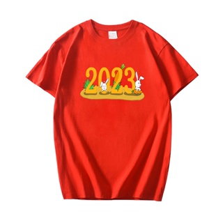 เสื้อยืดสีขาวHappy Family Party New Year Chinese Zodiac Rabbit 2023 Short Sleeve T-shirt for adults/studentsS-4XL