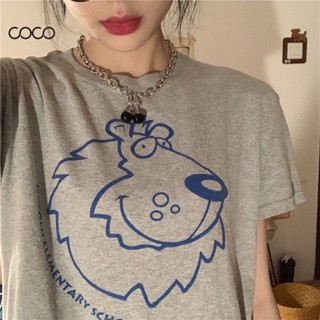 Coco~เสื้อยืดแขนสั้นผู้หญิง ผ้าฝ้ายดูดซับเหงื่อและระบายอากาศ สไตล์อเมริกันพิมพ์วินเทจ แฟชั่นผู้หญิง 2XL