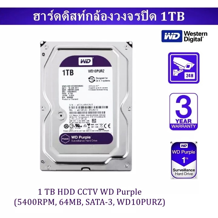 ภาพหน้าปกสินค้า1 TB HDD (ฮาร์ดดิสก์กล้องวงจรปิด) WD PURPLE 5400RPM SATA3 (WD10PURZ) Warranty 3 - Y