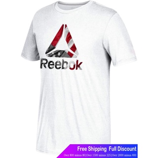 ผ้าฝ้ายแท้เสื้อยืดยอดนิยม Reebok Crossfit Mens White Delta USA Wavy Flag Logo Dual-Blend T-Shirt Reebok Short sleeve T-