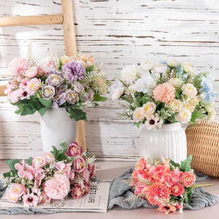 【AG】Artificial Mixed Flower Realistic Pan Weaving Tea Rose Chrysanthemum Silk Fake Bouquet for Wedding