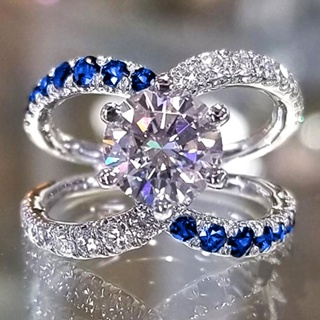 แหวนแต่งงาน เงินแท้ 925 ประดับเพทาย สีฟ้า สไตล์โมเดิร์น สําหรับผู้หญิง