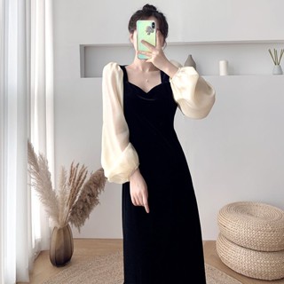 ชุดเดรสกระโปรงยาว ผ้ากํามะหยี่ สีทอง สไตล์เฮบเบิร์น แฟชั่นเรโทร เหมาะกับฤดูใบไม้ร่วง และฤดูหนาว สําหรับสตรี