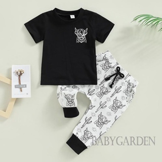 Babygarden- ชุดเสื้อผ้าเด็กผู้ชาย, เสื้อคอกลม แขนสั้น สีดํา + กางเกง พิมพ์ลายหัววัว