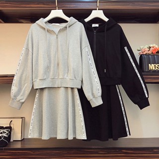 เสื้อกันหนาวแขนยาว มีฮู้ด และกระโปรง สองชิ้น แฟชั่นสําหรับผู้หญิง