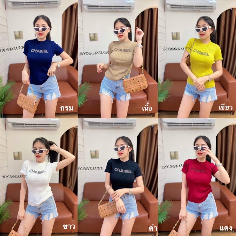 dzaishop-งานสุดฮิตติดเทรนด์-เสื้อคอกลมแขนสั้น-แต่งพับชายแขน-ลายแฟชั่น