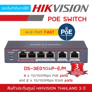 HIKVISION 4 Port Fast Ethernet Unmanaged POE Switch DS-3E0106P-E/M : 4 x 10/100Mbps PoE ports + 2 × 10/100Mbps RJ45 Port