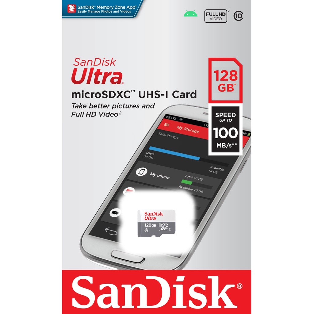 ข้อมูลประกอบของ SanDisk Ultra Micro SD Card Class10 Speed 100MB/s 32GB / 64GB / 128GB (SDSQUNR) SDHC SDXC เมมโมรี่การ์ด สำหรับ ใส่โทรศัพท์ กล้องติดรถ กล้องIP Camera ประกัน 7 ปี TF card