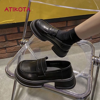 Atikota รองเท้าโลฟเฟอร์ หนังเทียม ส้นหนา หัวกลม ขนาดเล็ก ใส่สบาย ทนต่อการสึกหรอ แฟชั่นเรโทร สําหรับผู้หญิง