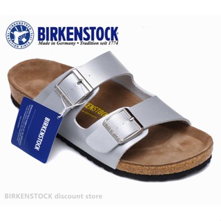 【Original】Birkenstock Arizona Mens/Female Classic Cork Silver Snake Pattern Slippers Beach Casual Shoes 34-46