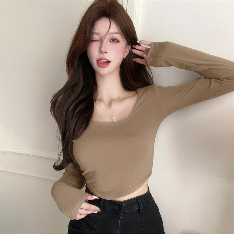 เสื้อครอปท็อปแขนยาว-คอสี่เหลี่ยม-เข้ารูป-สไตล์เกาหลี-สําหรับผู้หญิง