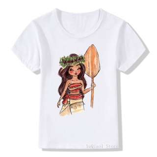 Watercolor moana/snow white princess printed tshirt summer kids clothing top girls clothes white t-shirt children c_01