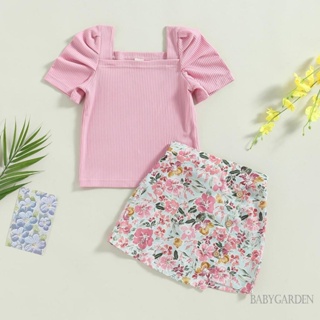 Babygarden-2-7 ปี ชุดเสื้อผ้าเด็กผู้หญิง, เสื้อแขนสั้นพัฟ สีชมพู + กระโปรงทรงเอ ลายดอกไม้ / ลายสก๊อต