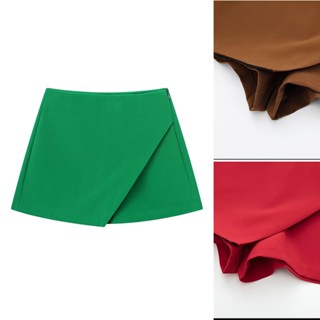 Zara 22 ฤดูใบไม้ร่วง ฤดูหนาว สไตล์ใหม่ สไตล์ยุโรป อเมริกัน ไม่สมมาตร เอวสูง คูลอตต์ ซิปข้าง สีเข้ม ดูผอมลง @7385462