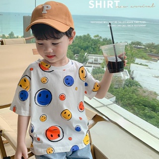เสื้อยืดแขนสั้นเด็กผู้ชาย ใหม่สไตล์เกาหลีผ้าฝ้ายยิ้มแฟชั่นพิมพ์เสื้อด้านบน เสื้อผ้าเด็ก