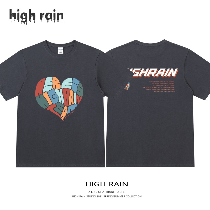 2023high-rain-สนุกอินเทรนด์แบรนด์รักแขนสั้นชายและหญิงคู่กีฬาฤดูร้อนท็อปส์เสื้อยืดเยาวชนญี่ปุ่น