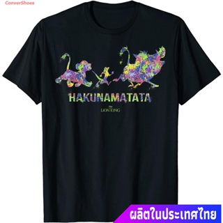 เสื้อยืดสีดำอินเทรนด์เสื้อยืดแขนสั้น Disney The Lion King Hakuna Matata Paint Splatter Silhouette T-Shirt Popular T_05
