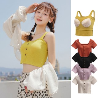 2 In 1 เสื้อยืด แขนสั้น ฤดูร้อน เสื้อผ้าผู้หญิง ใหม่ สลิมฟิต สลิมฟิต และเซ็กซี่ สี่เหลี่ยม สั้น เอวสูง ด้านบน พร้อมแผ่นบรา
