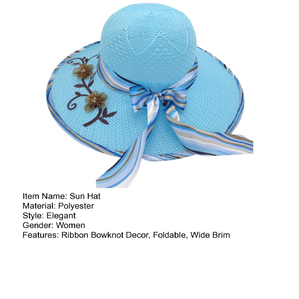 blu-ริบบิ้นโบว์-ดอกไม้-เย็บหมวกกันแดด-ปีกกว้าง-พับได้-ฟล็อปปี้-หมวกฟาง-อุปกรณ์เครื่องแต่งกาย