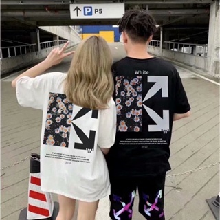 (Size S-5XL) Tide brand short-sleeved men and women small daisy graffiti arrow print T-shirt round neck couples loo_01