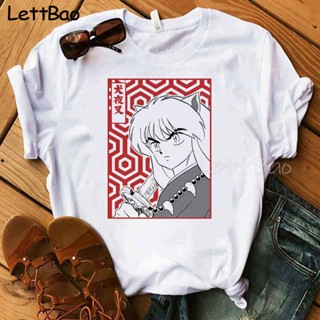 เสื้อยืด พิมพ์ลายอนิเมะ Inuyasha สีขาว สไตล์ญี่ปุ่น สตรีท สําหรับผู้หญิง_01