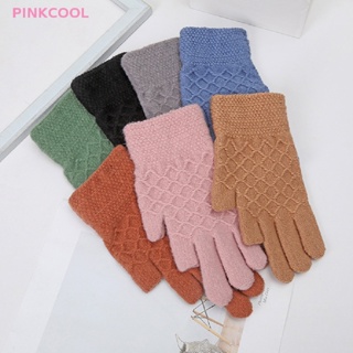 Pinkcool ถุงมือ ผ้าวูลถัก แบบเต็มนิ้ว สัมผัสหน้าจอได้ ให้ความอบอุ่น สีพื้น แฟชั่นฤดูหนาว สําหรับขี่จักรยานกลางแจ้ง ขายดี