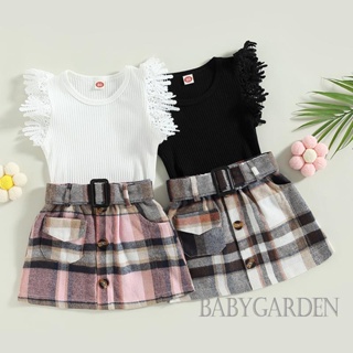Babygarden- ชุดเสื้อผ้าเด็กผู้หญิง ฤดูร้อน สีพื้น แขนบิน เสื้อยาง + กระโปรงลายสก๊อต พร้อมเข็มขัด
