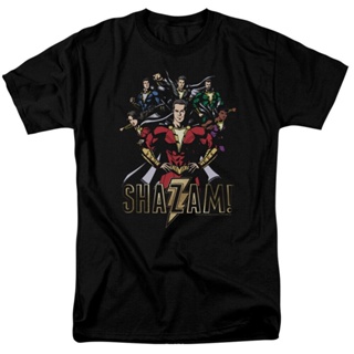 [S-5XL]เสื้อยืด พิมพ์ลายการ์ตูนกัปตันมาร์เวล Shazam Group Of Heroes สีดํา