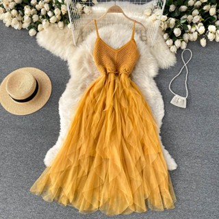 Irregular Mesh Puffy Fairy Dress High Waist Slimming Elegant V-neck Slip Dress Seaside Holiday Beach Dress