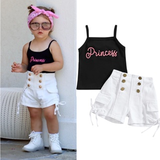 Babygarden-6m-5y ชุดเสื้อผ้าเด็กผู้หญิง, เสื้อกล้ามสลิงแขนกุด พิมพ์ลายตัวอักษร + กระดุมเอวยางยืด กางเกงยีนขาสั้น