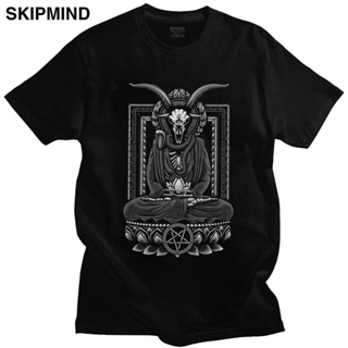 Baphomet Satan Demon T Shirt Men Pre-shrunk Cotton T-shirt Short Sleeved Satanic Buddha Spiritual Tops Skull Skelet_04