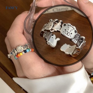 Fancy แหวนแฟชั่น รูปหมี กระต่าย สัตว์โลก เรียบง่าย ปรับได้ เครื่องประดับ สีเงิน สไตล์ฮิปฮอป เรโทร