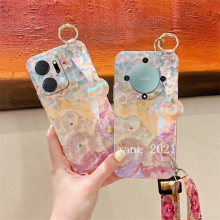 2023 New Phone Case เคส Honor X9a X7a 5G Casing Glitter Luxurious Rhinestone Flowers Pattern with Wristband Long Lanyard Soft Case เคสโทรศัพท