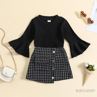 Babygarden- ชุดเสื้อผ้าเด็กผู้หญิง, เสื้อแขนยาว สีพื้น แต่งระบาย + กระโปรง พิมพ์ลาย ลายสก๊อต