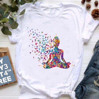 Watercolor Breathe Chakra Symbols Yoga Print Tshirt Women Bird Om Aum Jade Buddha Meditation Tie Die T Shirt Femme _04