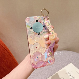 New Handphone Case Honor X9a X7a 5G เคส Casing with Wristband Stand Fashion Blu-ray Luxurious Rhinestone Flowers All Lens Protective Soft Case เคสโทรศัพท