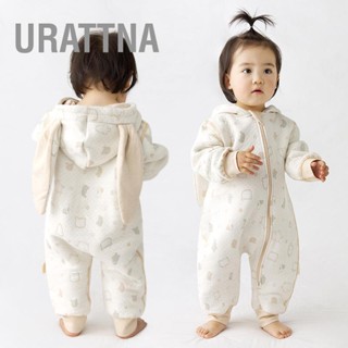 URATTNA ชุดบอดี้สูทเด็ก Unisex แขนยาวหูกระต่ายน่ารักมีฮู้ดผ้าฝ้ายสำหรับทารก Onesie สำหรับออกนอกบ้าน